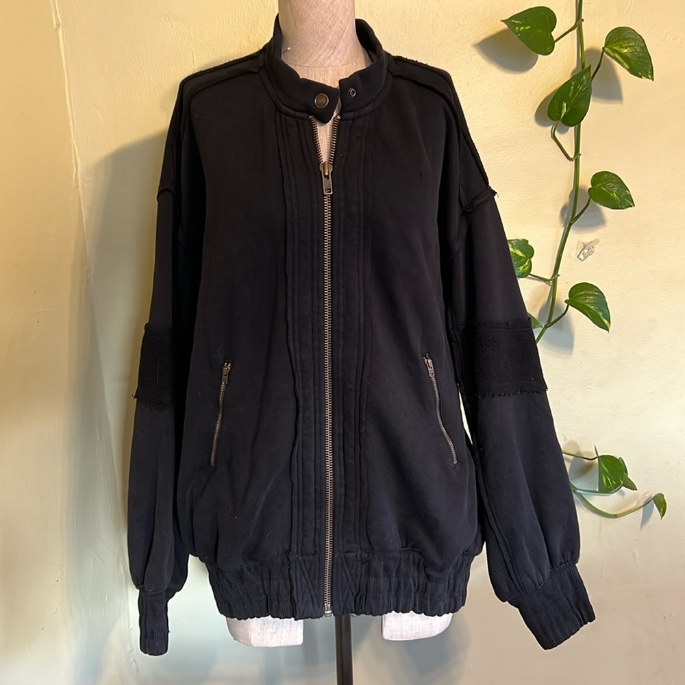 Free People Lou Moto Zip Sweater Jacket Black xs oversized
